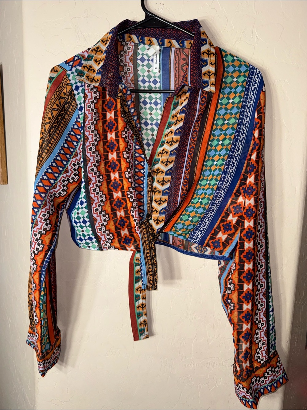 Truth NYC Geometric Tribal Tie Front Crop Blouse Southwestern Boho Festival M